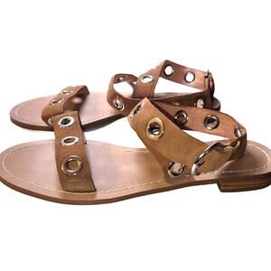 Halogen Sandals Womens 10M Ankle Straps Tan Leather Silver Grommets Boho Hippie